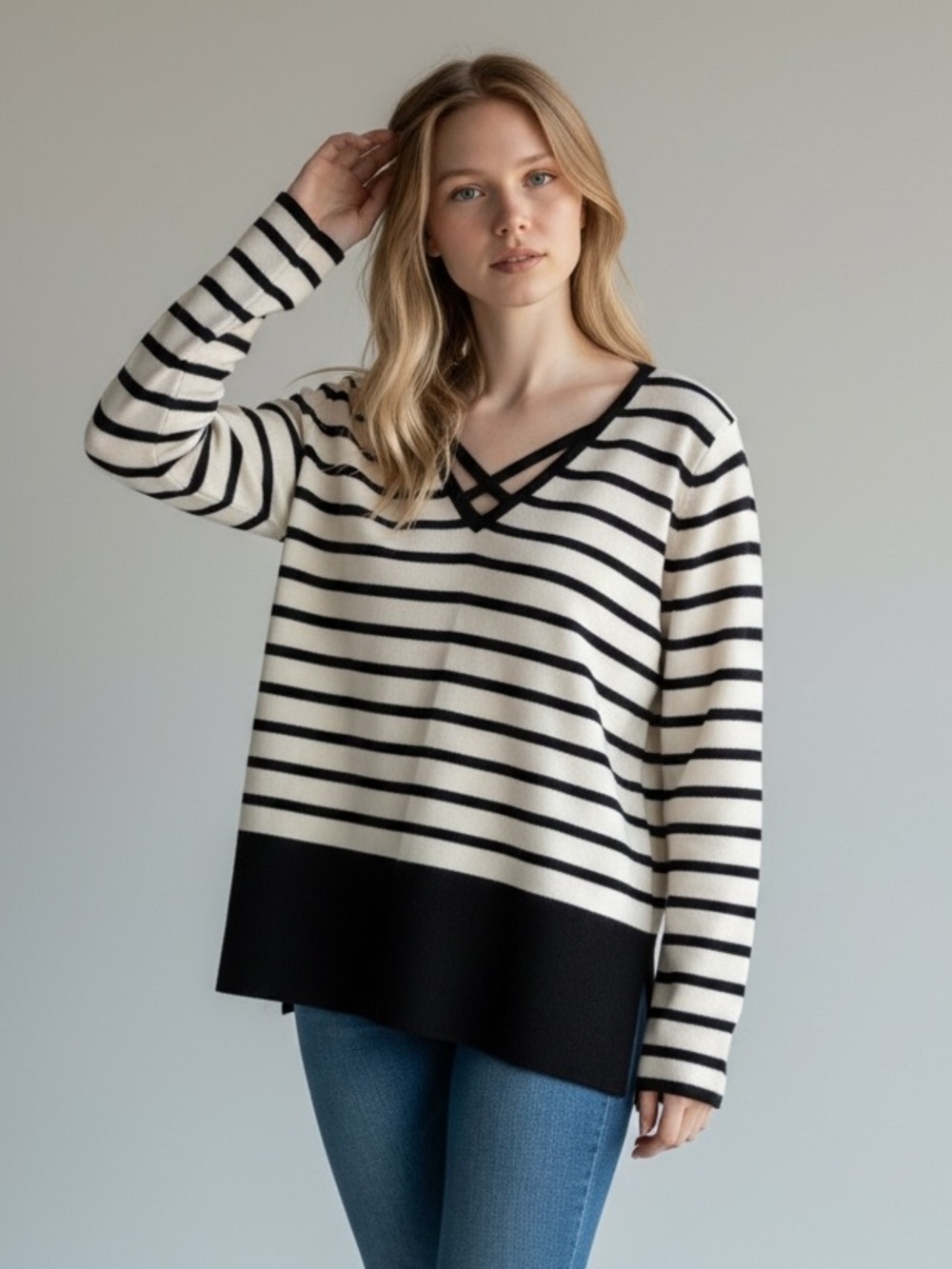 🆕 Cable & Gauge Striped Criss-Cross V-Neck Sweater
